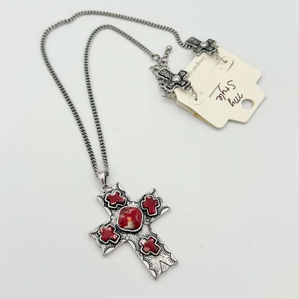 New Western Red Stone Cross Pendant Necklace and Earrings Set Cowgirl
